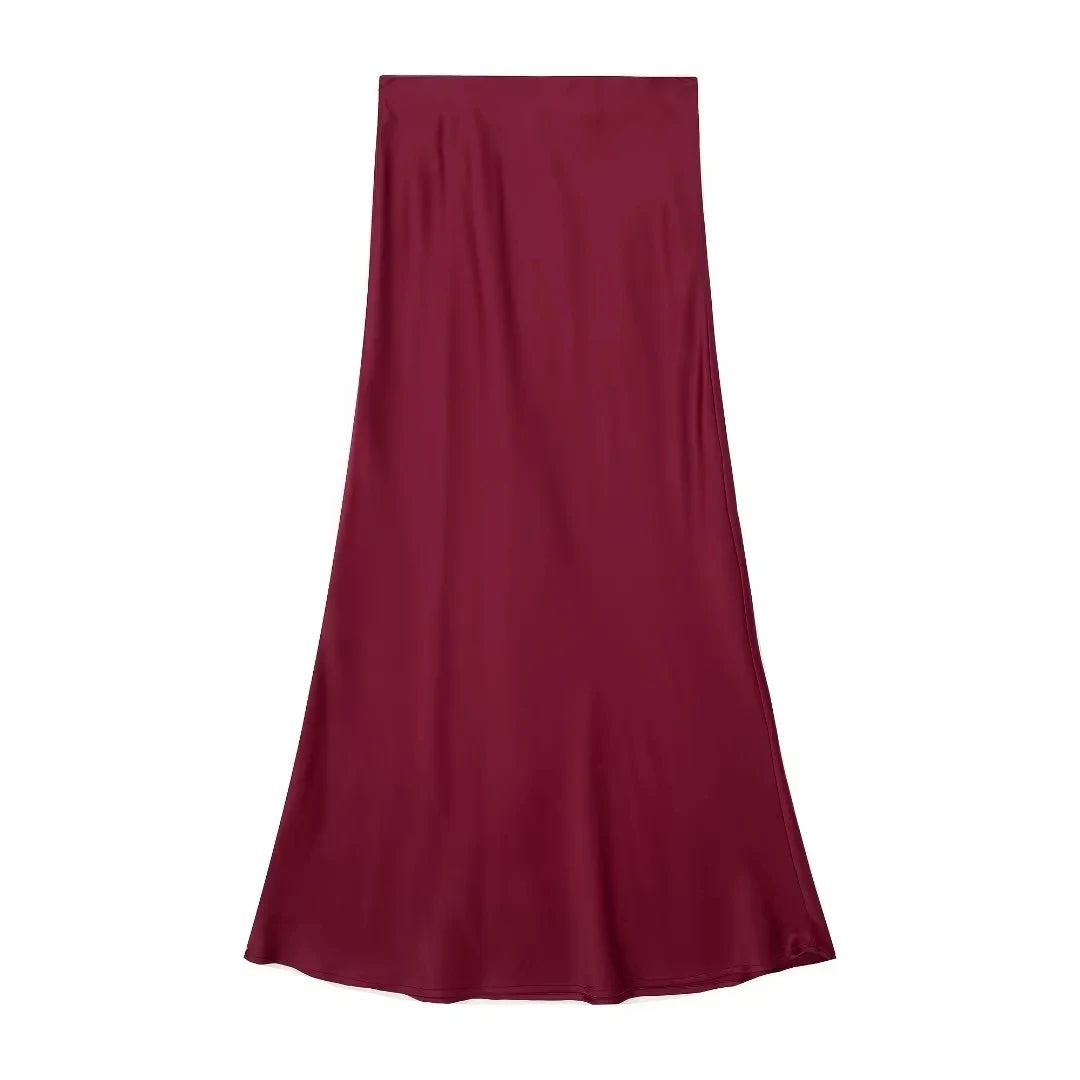 Falda Midi Satinada de Cintura Alta para Mujer | Falda de Verano Efecto Seda