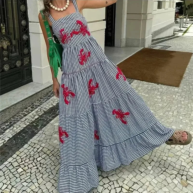 Vestido Largo de Verano para Mujer | Tirantes y Estampado de Cuadros, Bajo con Volante