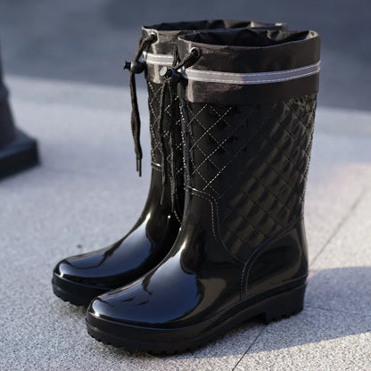 Botas de Agua Negras para Mujer | Botas de Lluvia Acolchadas con Cordón