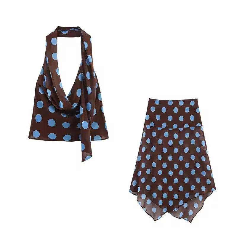 Conjunto Top y Falda de Lunares para Mujer | Halter y Falda Pañuelo de Verano