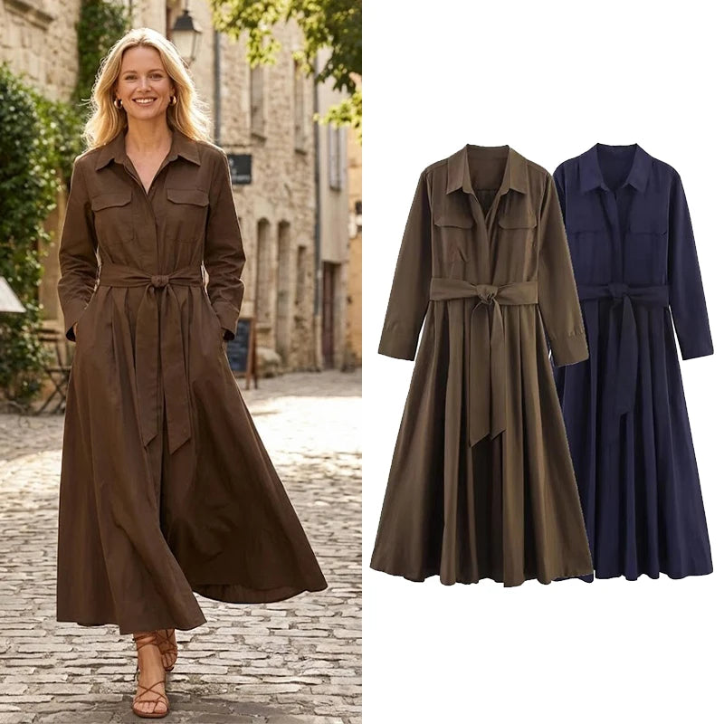 Vestido Camisero para Mujer | Vestido Largo de Manga Larga con Cinturón