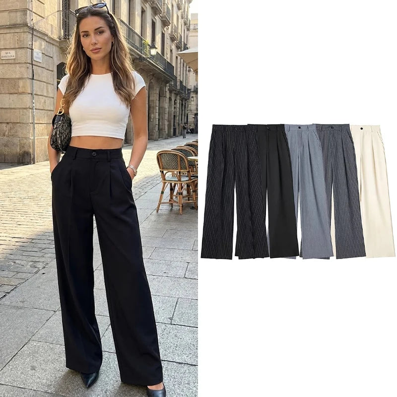 Pantalón de Pinzas Ancho para Mujer | Pantalón de Vestir Wide Leg de Tiro Alto