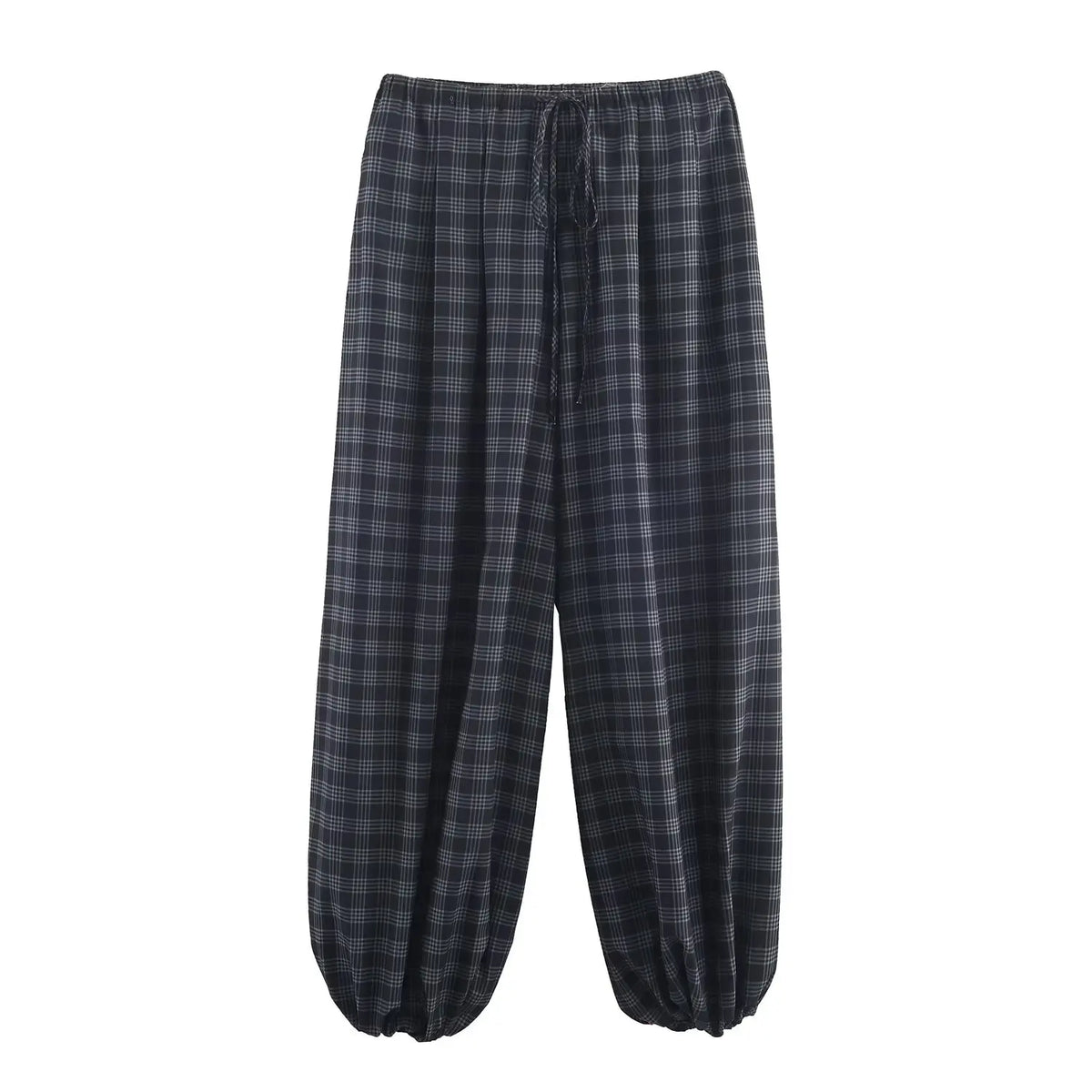 Pantalón Bombacho de Cuadros para Mujer | Pantalón Ancho con Cordón y Puño Elástico