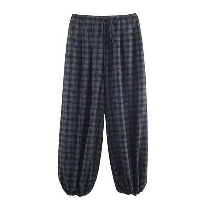 Pantalón Bombacho de Cuadros para Mujer | Pantalón Ancho con Cordón y Puño Elástico