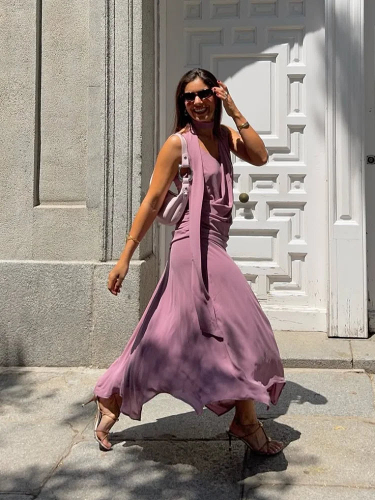 Vestido Largo de Gasa para Mujer | Cuello Halter y Cintura Plisada, Verano