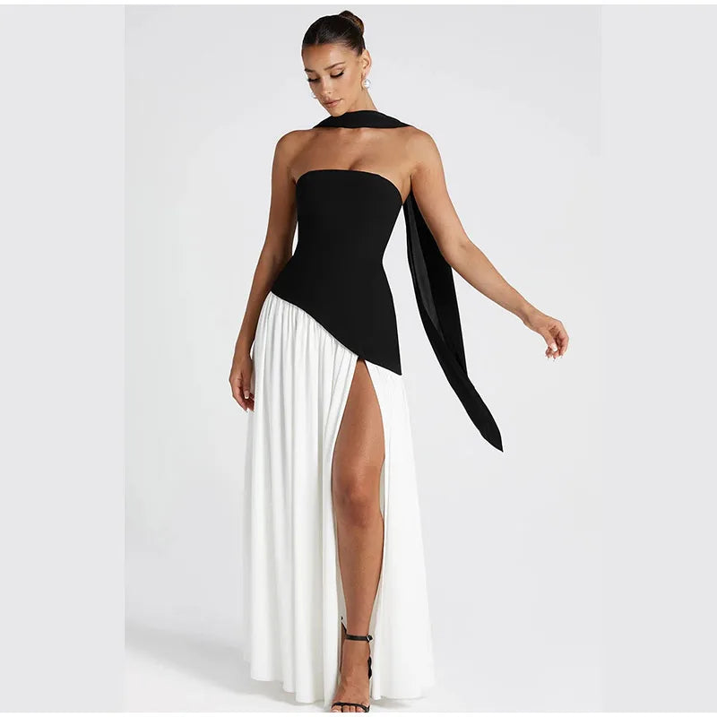 Vestido Largo Palabra de Honor para Mujer | Maxi Plisado de Verano con Abertura