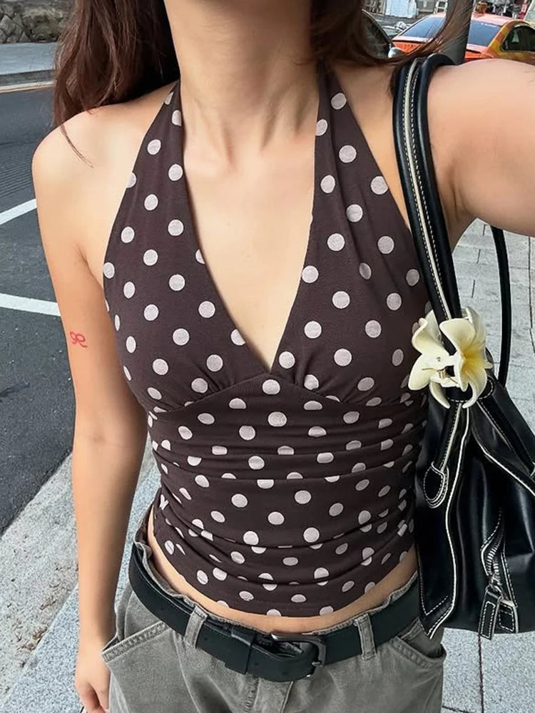 Top de Lunares para Mujer | Top Corto Halter con Cordones de Verano