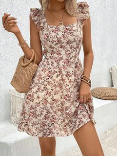 Vestido Corto Floral para Mujer | Volantes y Manga Mariposa, Estampado de Verano