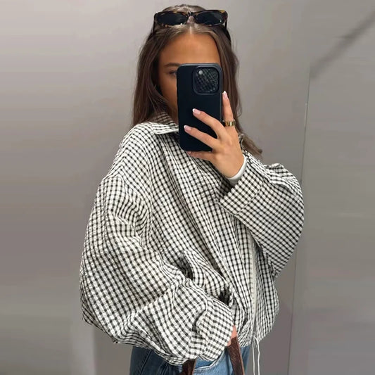 Chaqueta Bomber de Cuadros para Mujer | Oversize Crop de Manga Larga