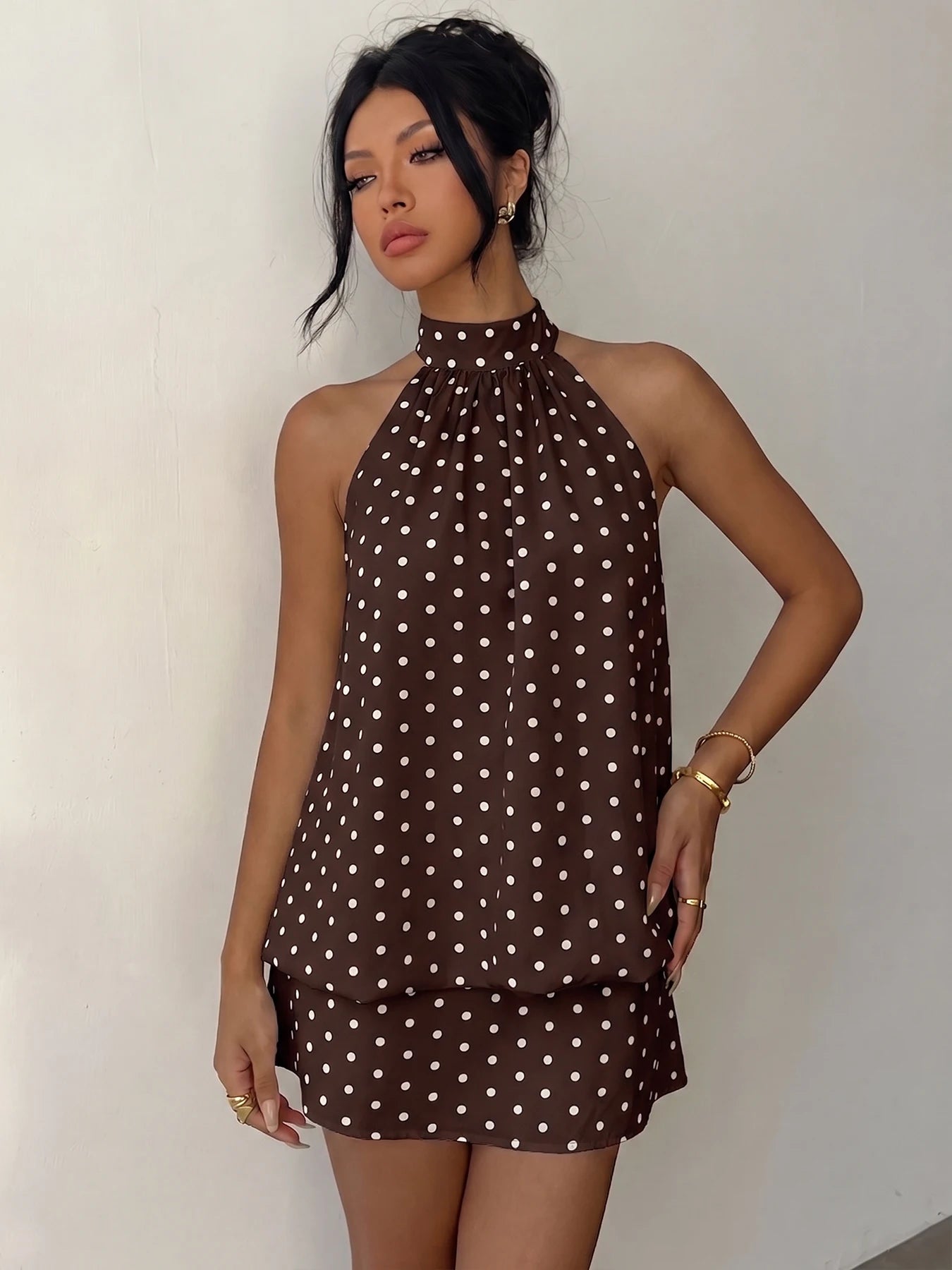 Vestido Corto de Lunares con Cuello Halter para Mujer | Vestido de Verano Vintage con Espalda al Aire