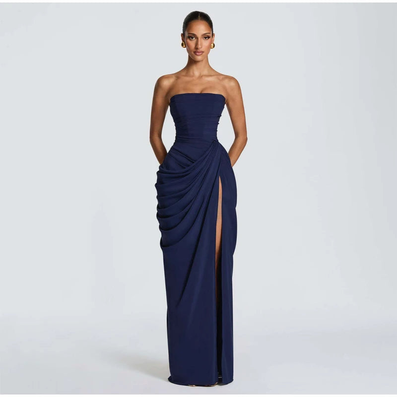 Vestido Largo Palabra de Honor para Mujer | Maxi Plisado de Verano con Abertura