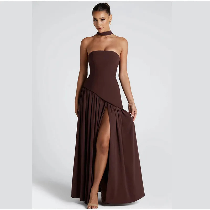 Vestido Largo Palabra de Honor para Mujer | Maxi Plisado de Verano con Abertura