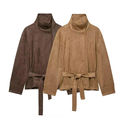 Chaqueta de Antelina para Mujer | Chaqueta Efecto Ante con Cuello Alto y Cinturón