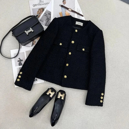 Chaqueta Tweed Negra para Mujer | Chaqueta Corta con Bolsillos y Botones Dorados