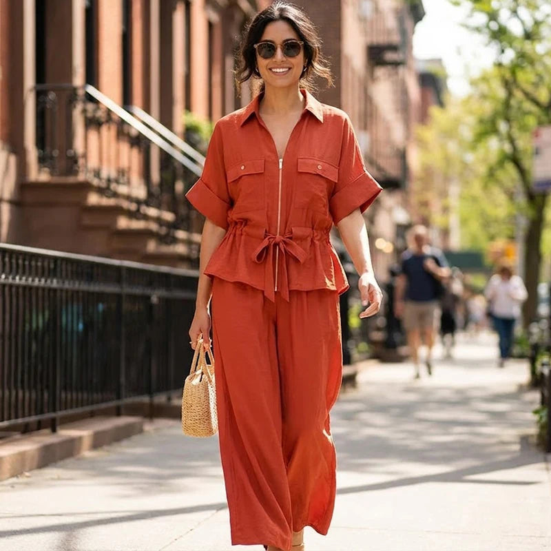 Conjunto Camisa y Pantalón Satinado para Mujer | Cintura Alta