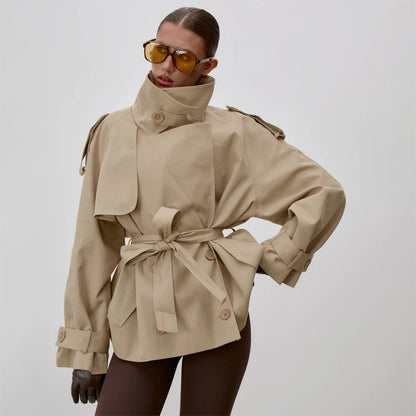 Gabardina Cruzada Corta para Mujer | Chaquetón de Entretiempo con Cordón