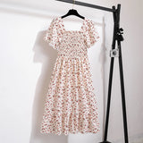 Vestido Midi Fruncido Floral para Mujer | Vestido de Verano Escote Cuadrado