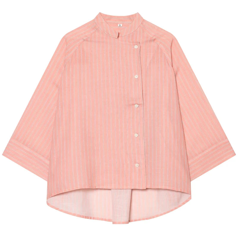 Camisa de Rayas Asimétrica para Mujer | Camisa de Cierre Cruzado y Cuello Mao