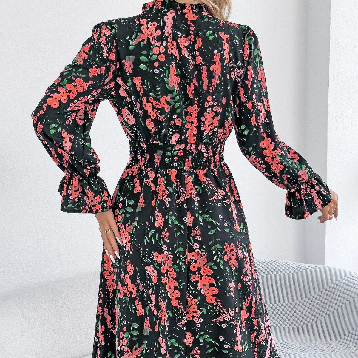 Vestido Midi Fruncido para Mujer | Escote V Manga Larga