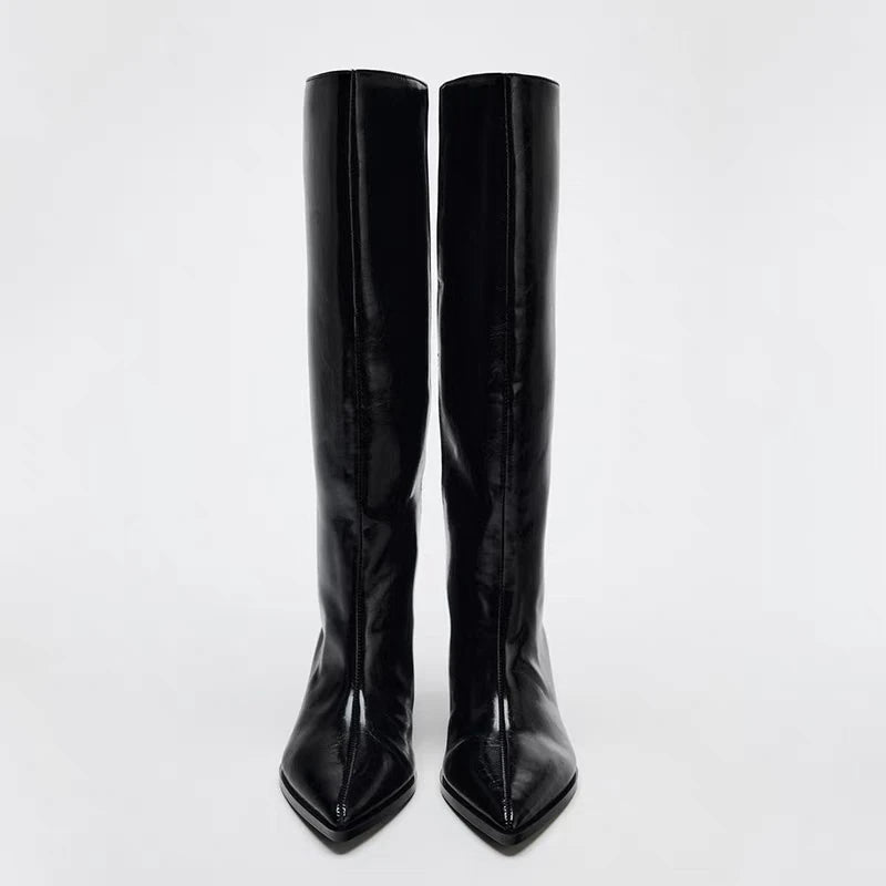 Botas Altas Negras para Mujer | Botas de Punta Fina de Otoño Tacón Fino