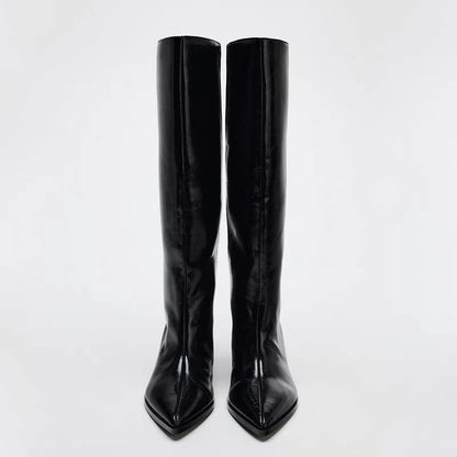 Botas Altas Negras para Mujer | Botas de Punta Fina de Otoño Tacón Fino