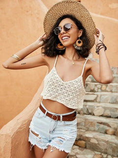 Top Camisola de Ganchillo con Bordado Floral para Mujer | Top Corto de Verano