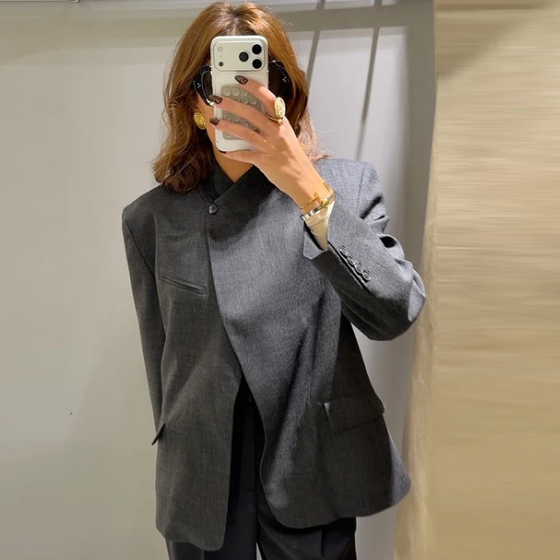 Blazer Asimétrico Gris para Mujer | Chaqueta Entallada de Manga Larga