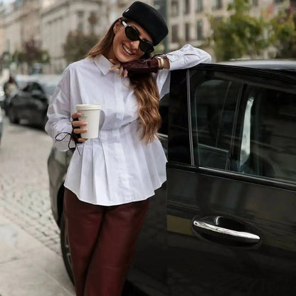 Blusa de Popelín con Pliegues para Mujer | Camisa Elegante de Manga Larga