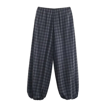 Pantalón Bombacho de Cuadros para Mujer | Pantalón Ancho con Cordón y Puño Elástico