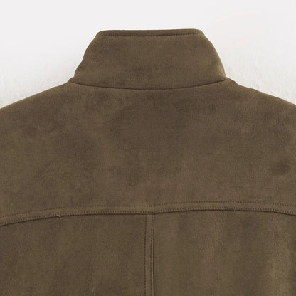 Cazadora de Antelina para Mujer | Chaqueta Efecto Ante con Cuello Alto y Bolsillos