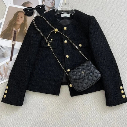 Chaqueta Tweed Negra para Mujer | Chaqueta Corta con Bolsillos y Botones Dorados