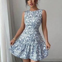 Vestido Corto Floral para Mujer | Sin Mangas, Escote Redondo y Vuelo, Verano