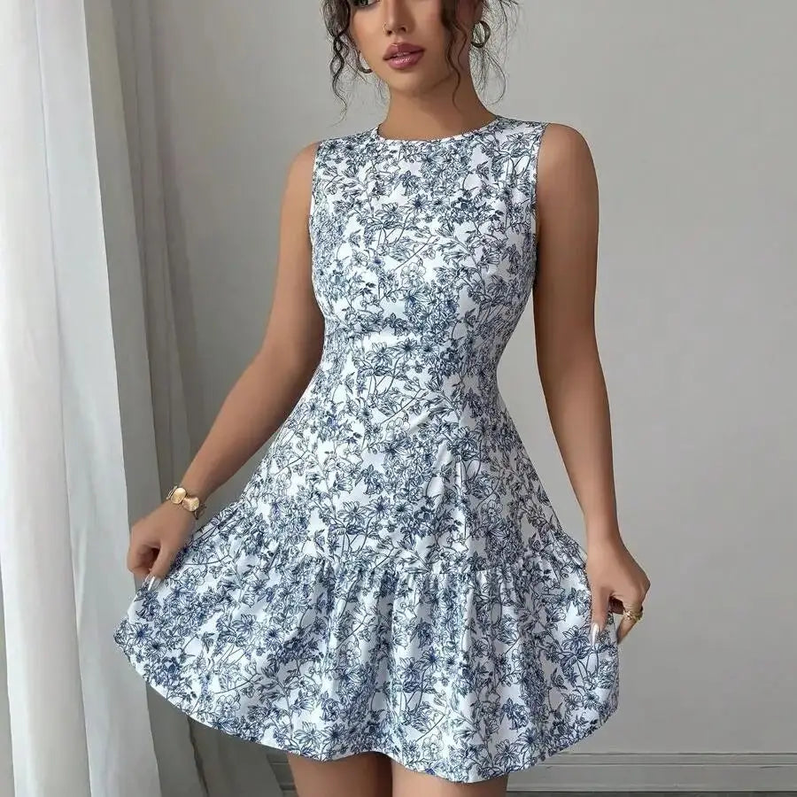 Vestido Corto Floral para Mujer | Sin Mangas, Escote Redondo y Vuelo, Verano