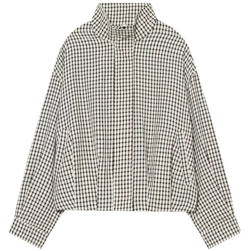 Chaqueta Bomber de Cuadros para Mujer | Oversize Crop de Manga Larga