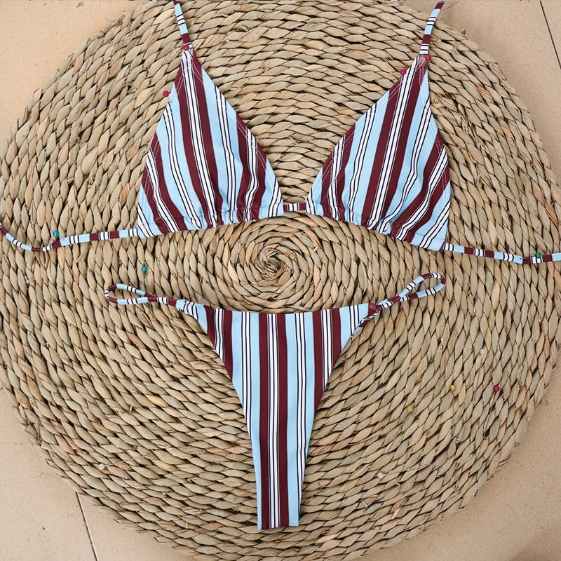 Bikini de Rayas para Mujer | Bañador Triangular de Dos Piezas de Verano