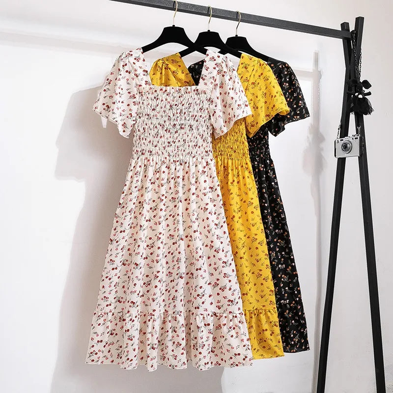 Vestido Midi Fruncido Floral para Mujer | Vestido de Verano Escote Cuadrado