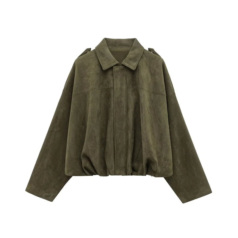 Chaqueta Bomber de Ante Sintético para Mujer | Oversize con Cuello Solapa