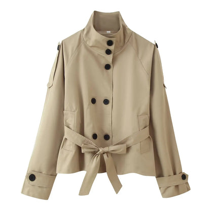 Gabardina Corta para Mujer | Trench Cruzado con Cuello Alto y Cinturón