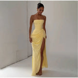 Vestido Largo Palabra de Honor para Mujer | Maxi Plisado de Verano con Abertura
