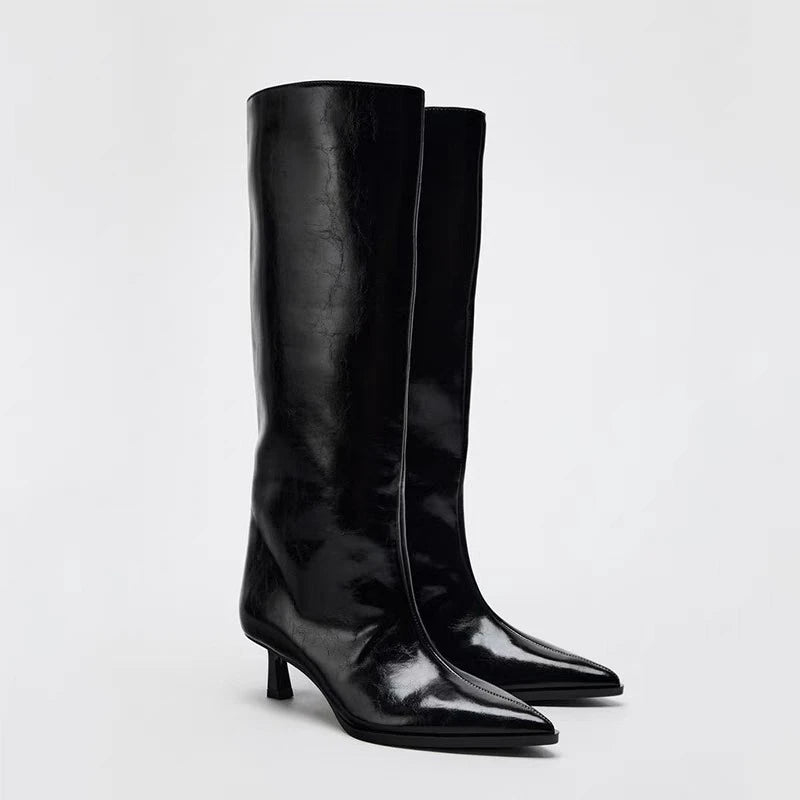 Botas Altas Negras para Mujer | Botas de Punta Fina de Otoño Tacón Fino
