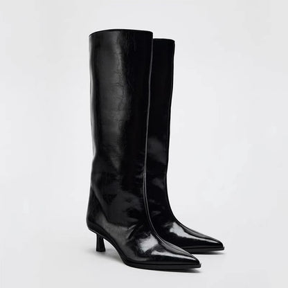Botas Altas Negras para Mujer | Botas de Punta Fina de Otoño Tacón Fino