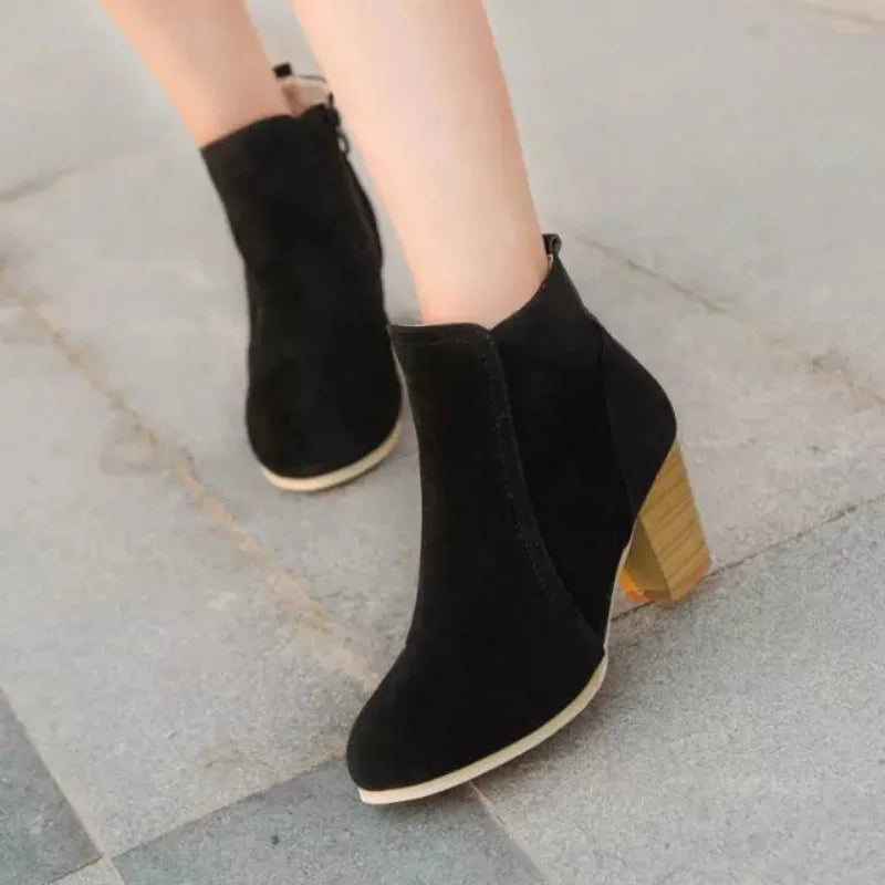 Botines de Tacón Cuadrado para Mujer | Botines de Otoño Efecto Ante con Cremallera