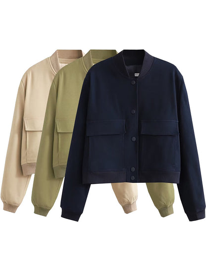 Chaqueta Bomber para Mujer | Cazadora Corta con Bolsillos de Solapa