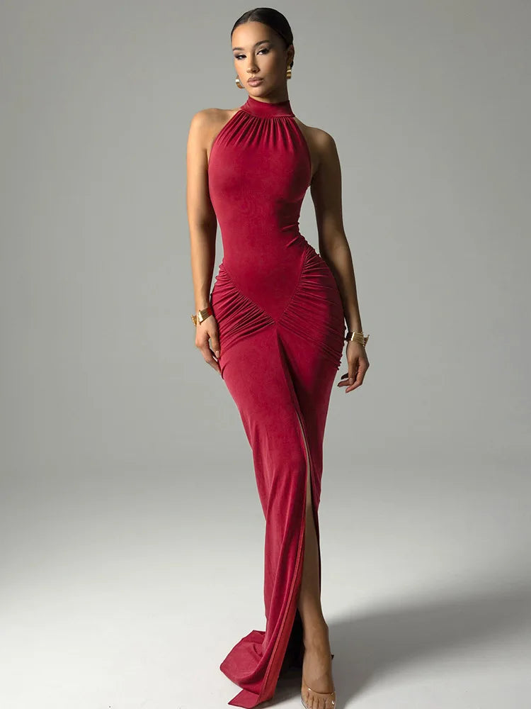 Vestido Largo Halter para Mujer | Maxi de Verano Entallado con Abertura