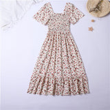 Vestido Midi Fruncido Floral para Mujer | Vestido de Verano Escote Cuadrado