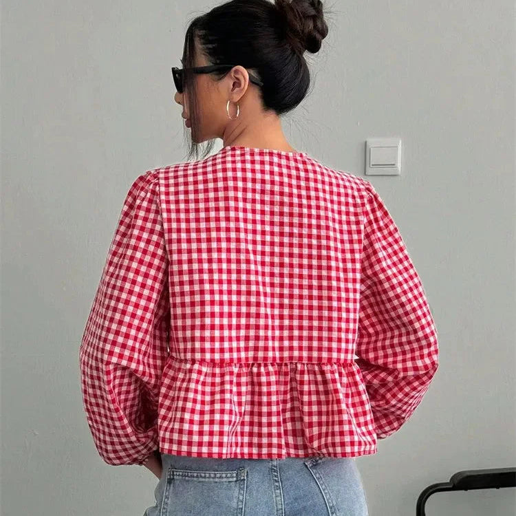 Blusa de Cuadros Vichy para Mujer | Manga Farol con Lazos