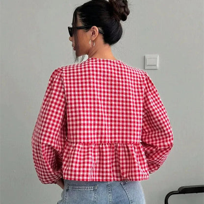 Blusa de Cuadros Vichy para Mujer | Manga Farol con Lazos