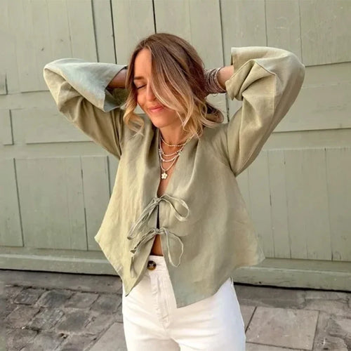 Blusa de Manga Larga para Mujer | Escote en Pico con Lazos, Ligera y Fluida de Verano