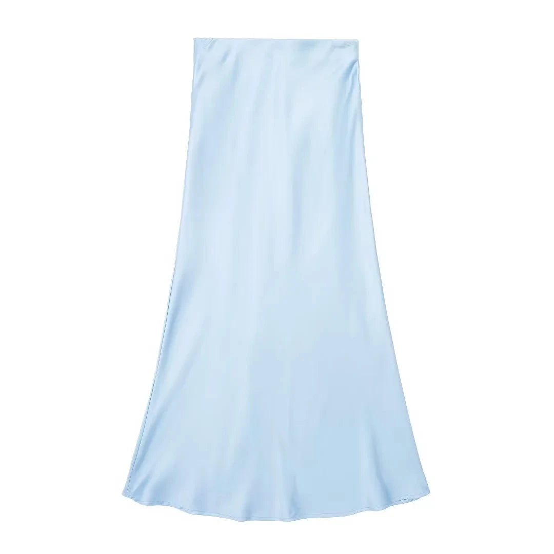 Falda Midi Satinada de Cintura Alta para Mujer | Falda de Verano Efecto Seda