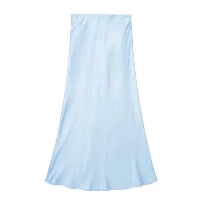 Falda Midi Satinada de Cintura Alta para Mujer | Falda Elegante Efecto Seda